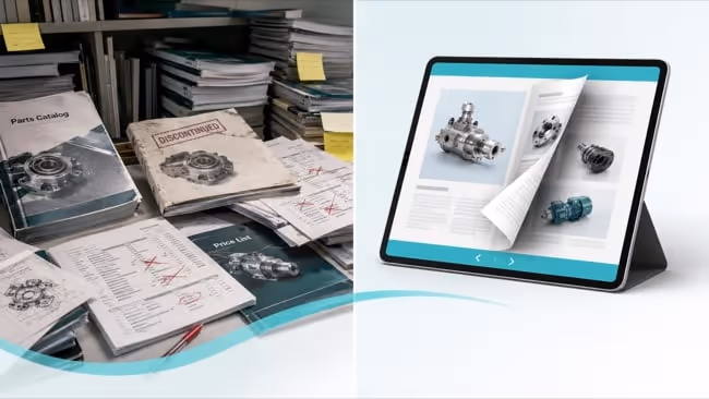 Split scene: a desk of crossed-out, discontinued printed catalogs on the left vs one tablet showing a single current catalog on the right.