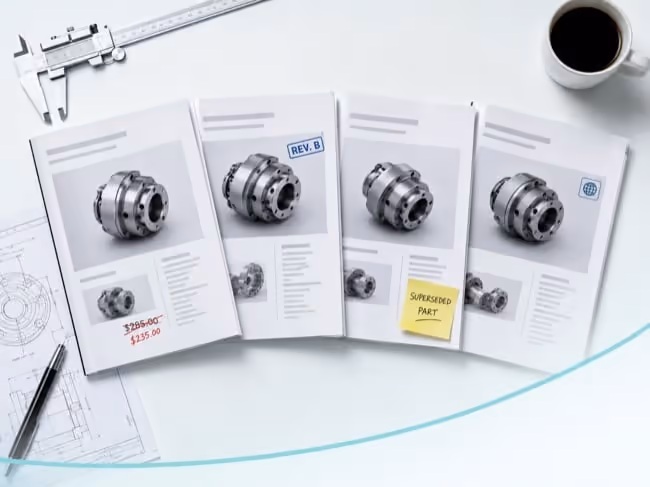 Top-down view of four conflicting versions of one printed product catalog with crossed-out prices, a revision stamp, and a superseded-part note.