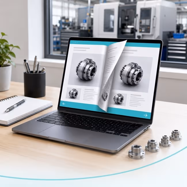 A laptop on a manufacturer's desk shows a live product catalog updating one page, beside a notebook and machined component samples.
