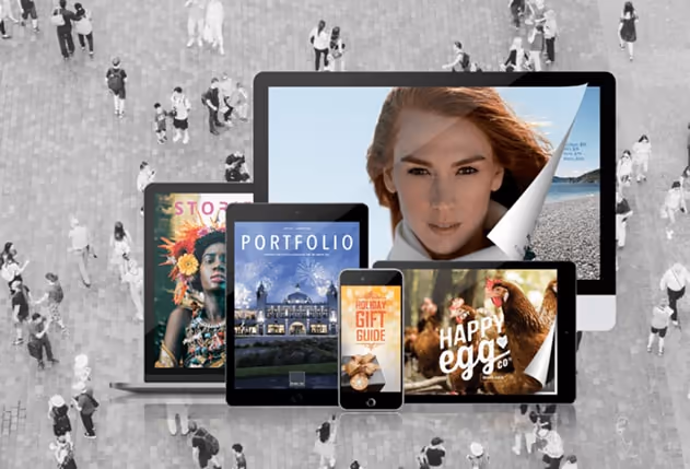 Multiple digital flipbooks are displayed on various devices, including a laptop, phone, and tablet, Multiple digital flipbooks are displayed on various devices, including a laptop, phone, and tablet,