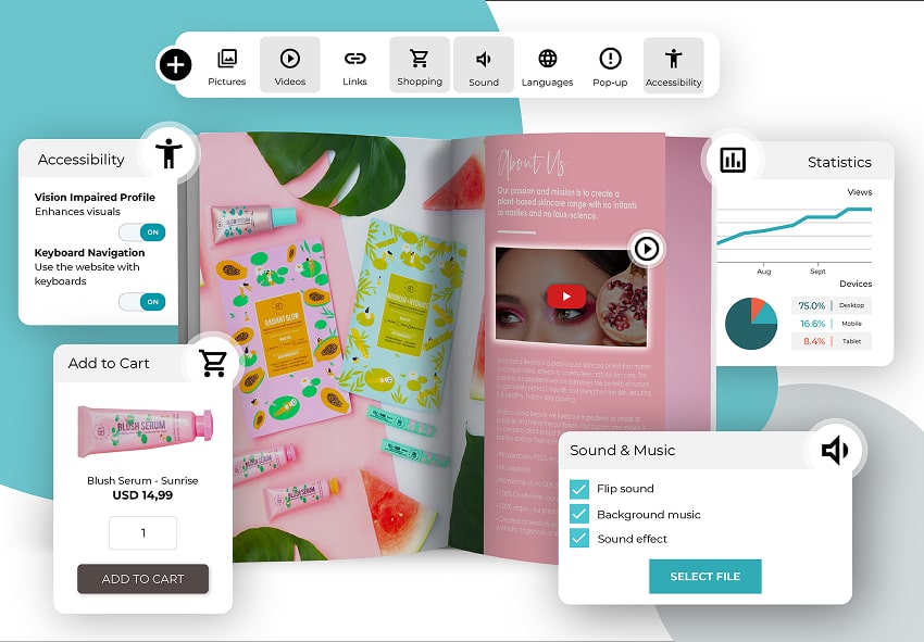 A flipbook showing all interactive features Paperturn offers such as: inserting images, videos, link