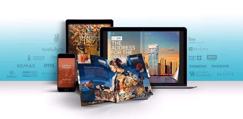 Image of tablets displaying different digital flipbook covers