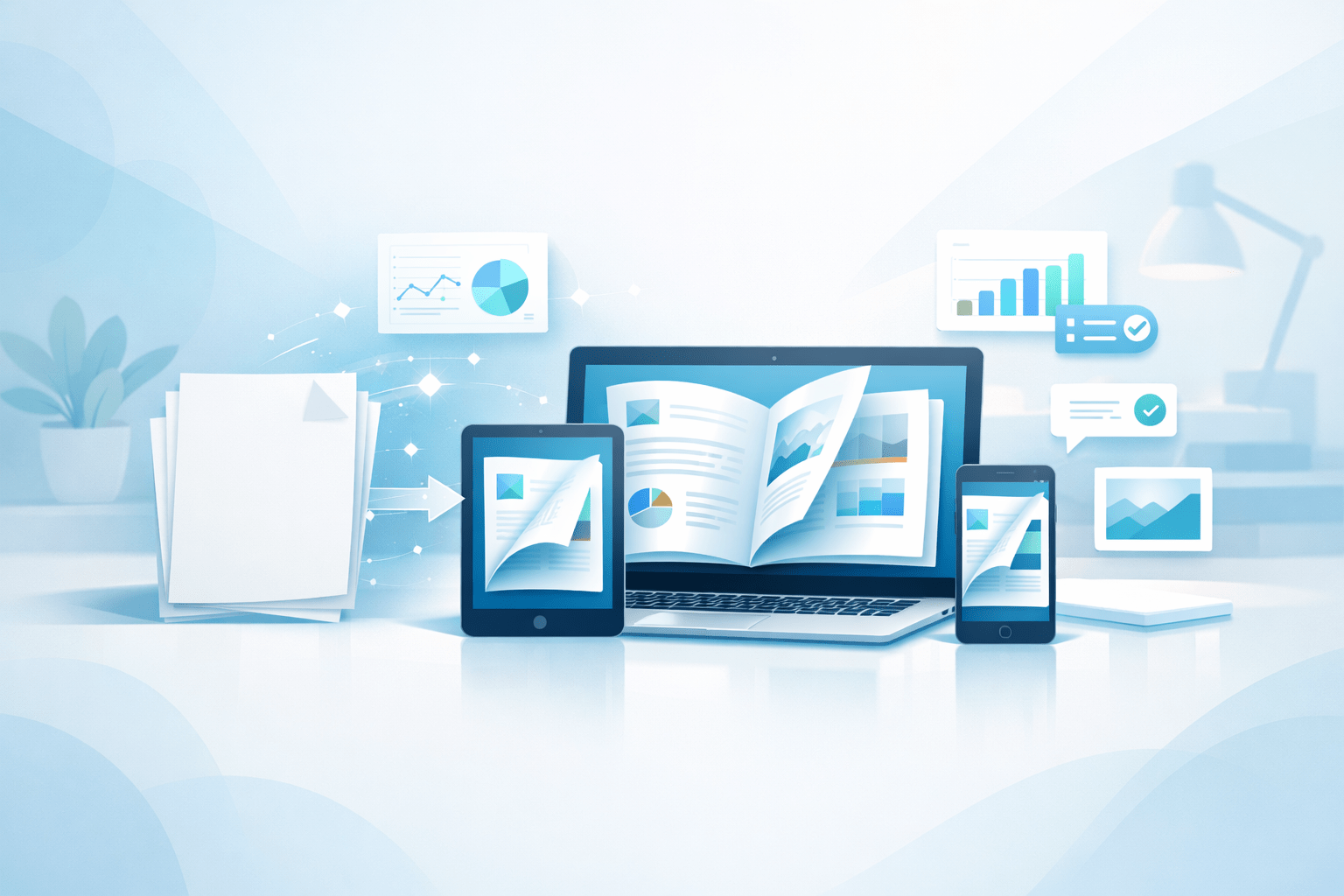 Business document transforming into an online flipbook on laptop, tablet, and phone, with floating analytics icons in a bright blue modern workspace. Business document transforming into an online flipbook on laptop, tablet, and phone, with floating analytics icons in a bright blue modern workspace.