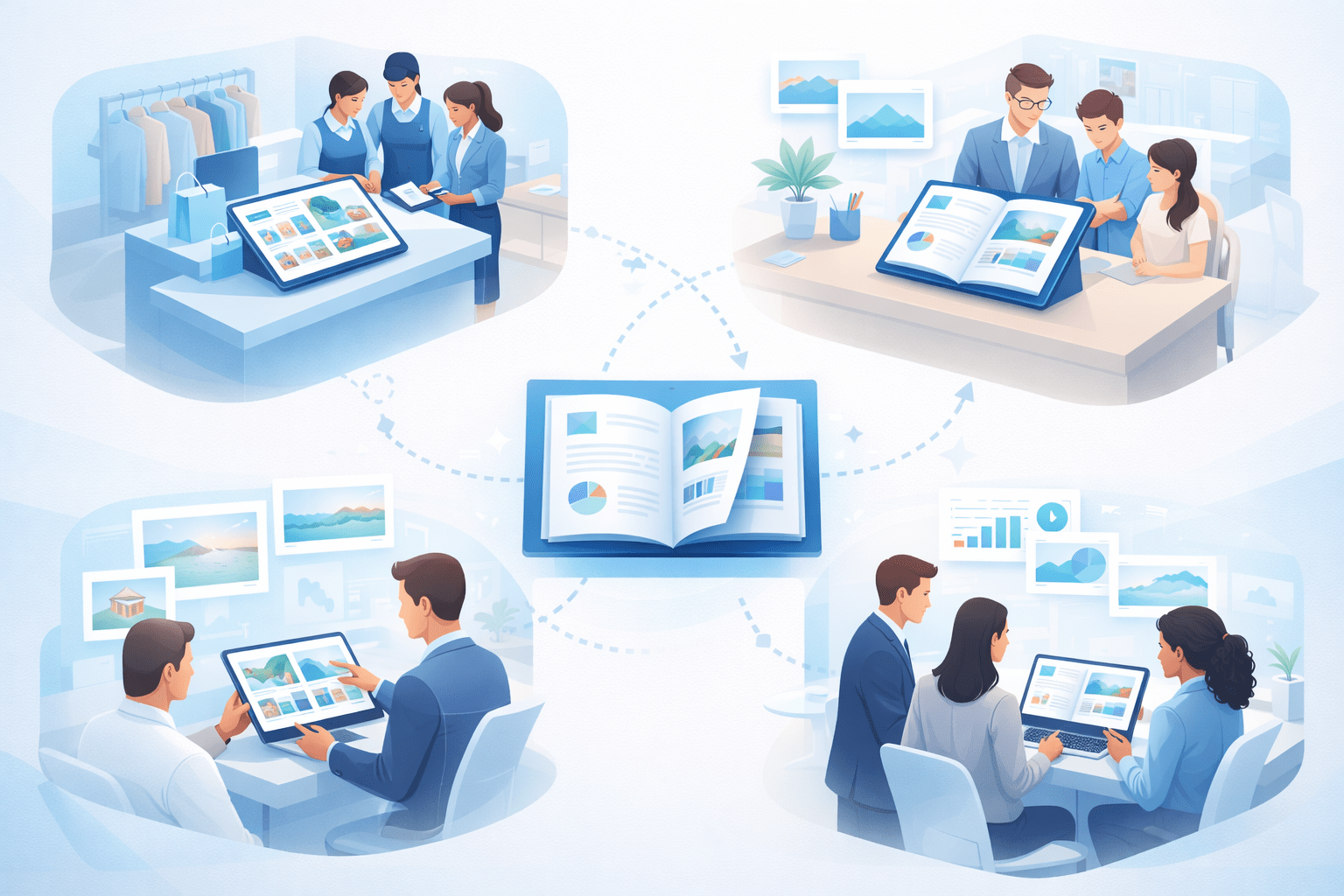 Isometric collage of teams in retail, education, travel, and business using a shared digital flipbook platform across modern work scenes. Isometric collage of teams in retail, education, travel, and business using a shared digital flipbook platform across modern work scenes.