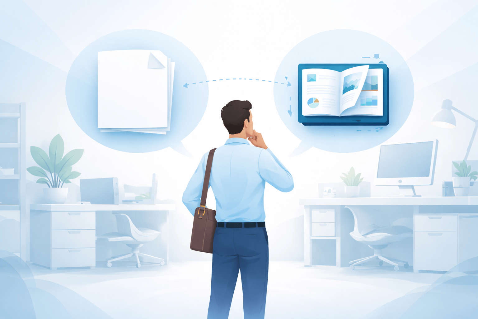 Office worker compares a plain file icon with a digital flipbook in a bright, modern workspace. Office worker compares a plain file icon with a digital flipbook in a bright, modern workspace.