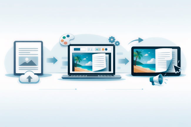 Illustration of a PDF turning into a digital flipbook across three device screens, with simple upload, customize, and publish visual cues in a clean blue-and-teal no-code SaaS style. Illustration of a PDF turning into a digital flipbook across three device screens, with simple upload, customize, and publish visual cues in a clean blue-and-teal no-code SaaS style.