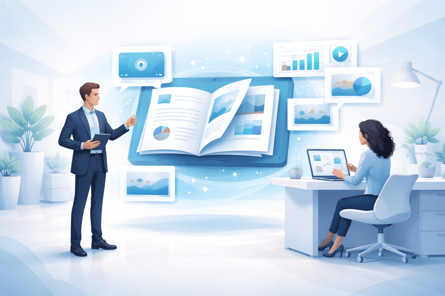 Professionals engage with interactive digital content in a bright modern office with floating interface panels.