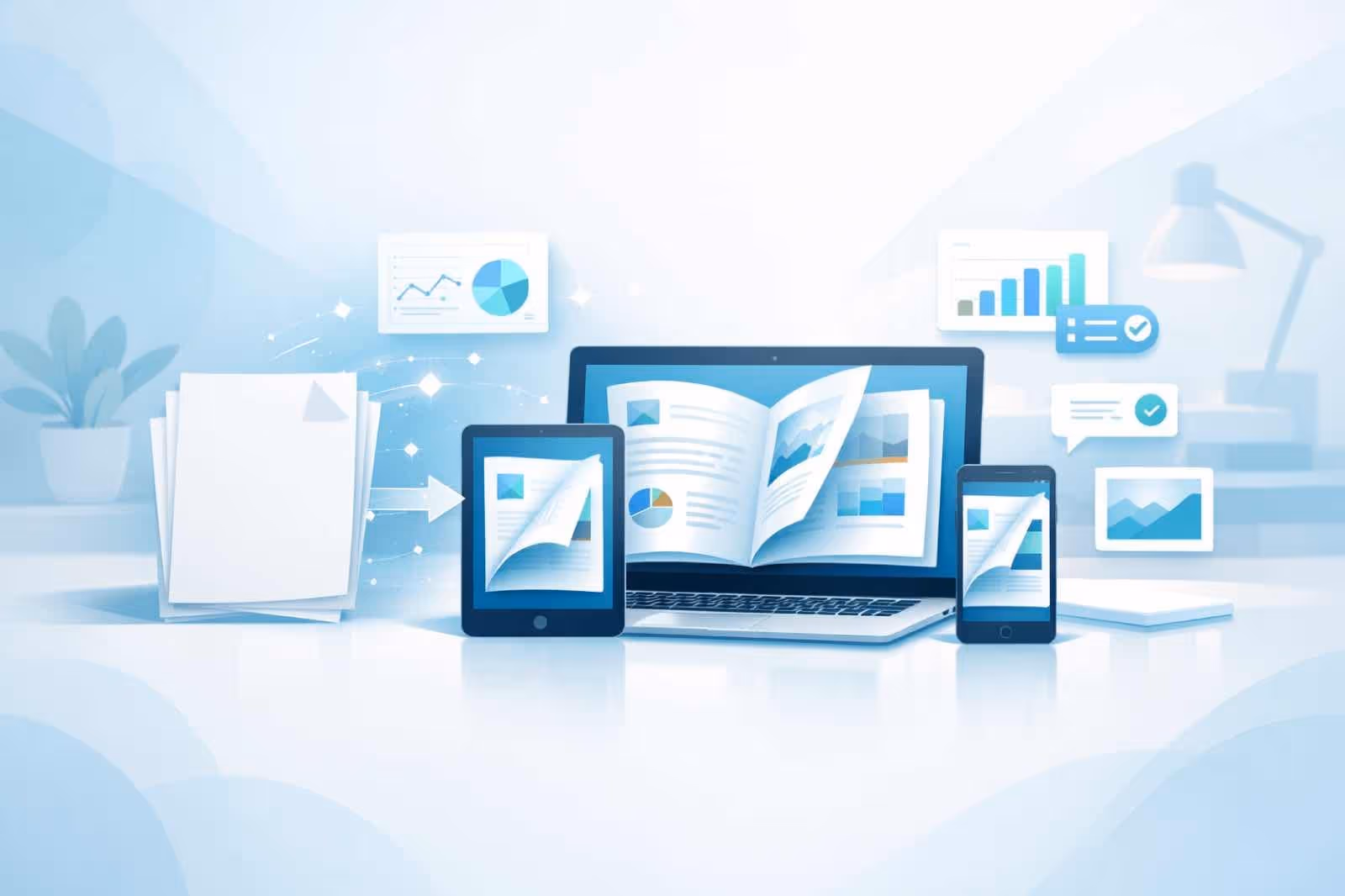 A static PDF converting into an interactive flipbook shown across laptop, tablet, and phone, surrounded by charts and image thumbnails.