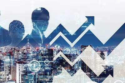  A city in the background; people and increasing graphs in the foreground