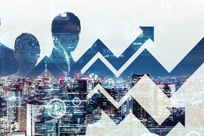  A city in the background; people and increasing graphs in the foreground