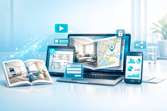 Hero banner showing a real estate brochure turning into an online flipbook across laptop, tablet, and phone screens with property images, a map, floor plan, analytics, and interactive sharing icons in a bright 