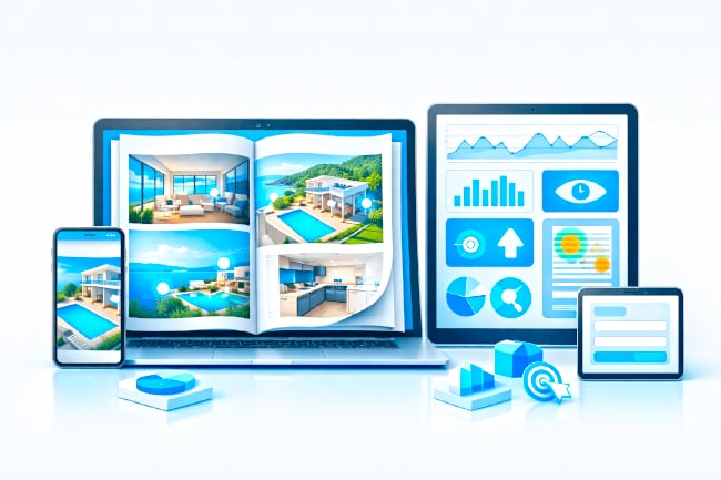 Illustration of a real estate flipbook and analytics dashboard shown across laptop, tablet, and phone screens in a clean blue-and-white SaaS style.