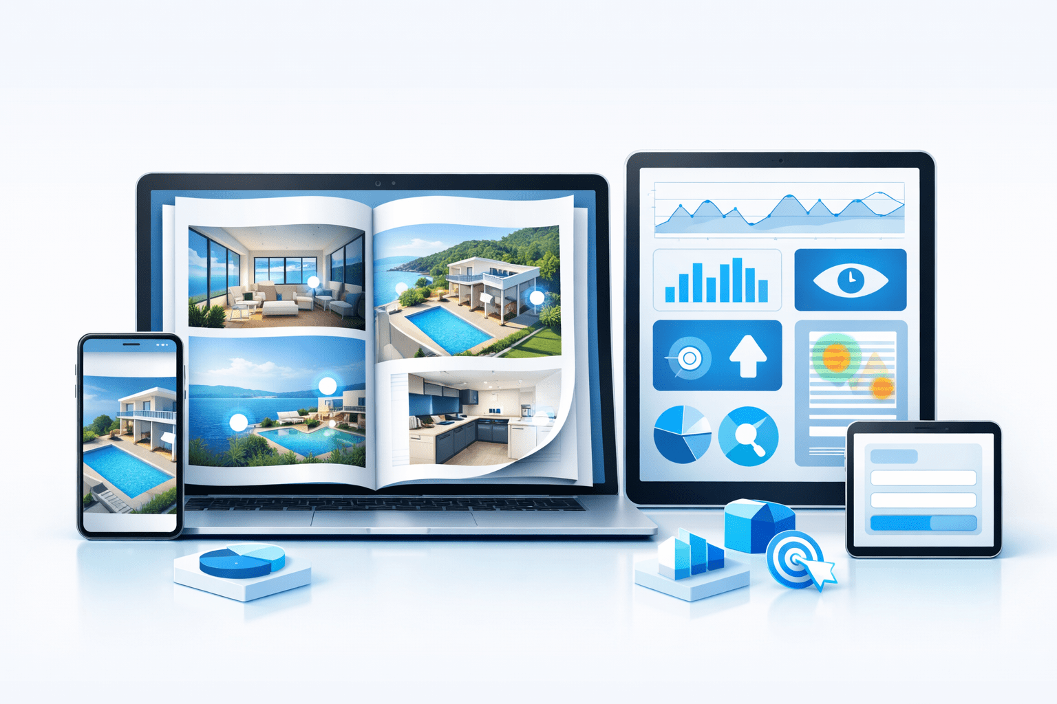 Illustration of a real estate flipbook and analytics dashboard shown across laptop, tablet, and phone screens in a clean blue-and-white SaaS style.