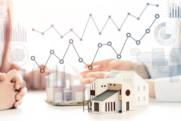 A graphic showing a house and charts in the background.