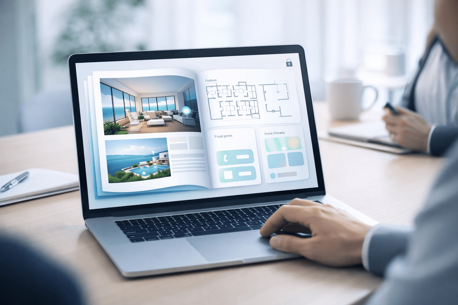 Laptop displaying a clean real estate presentation interface as professionals review it in a bright office setting.