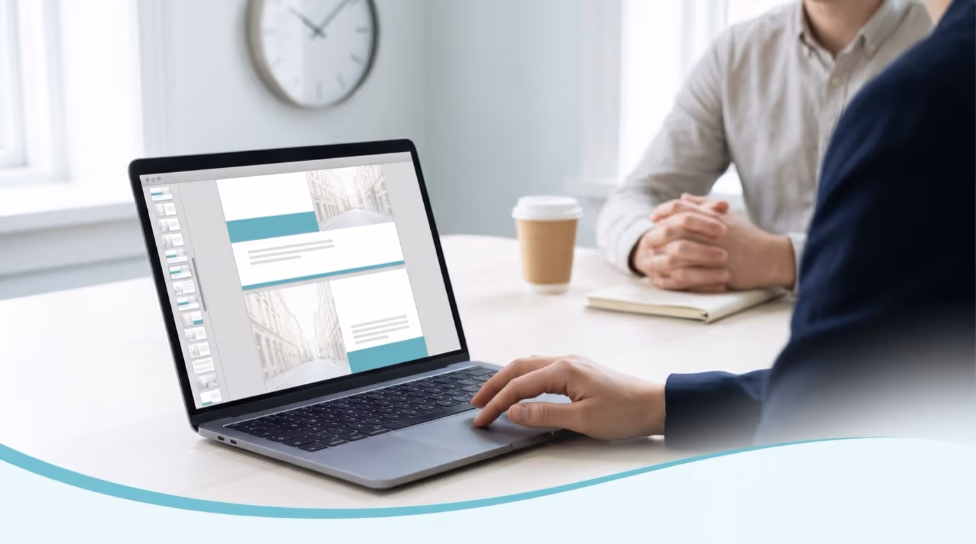 A salesperson scrolls through a long sales deck on a laptop while the client across the table waits with clasped hands. A salesperson scrolls through a long sales deck on a laptop while the client across the table waits with clasped hands.