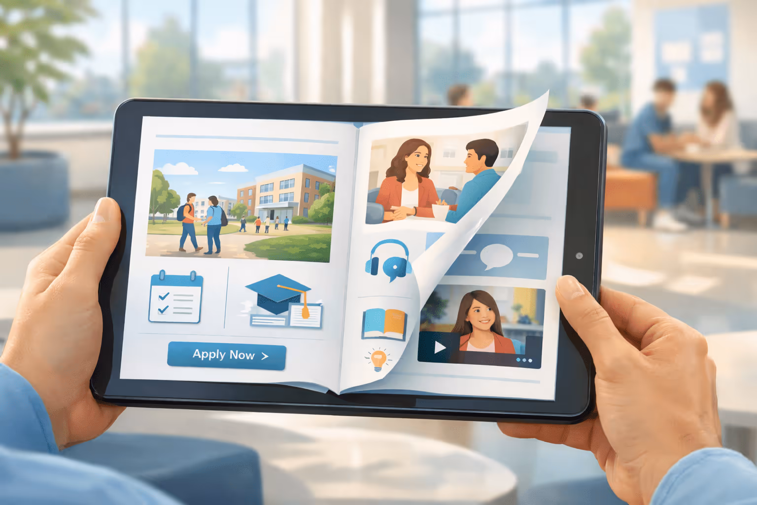 Student and parent viewing a digital admissions guide on a tablet in a bright campus lounge.