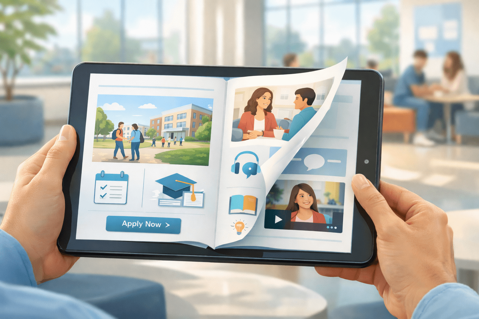 Student and parent viewing a digital admissions guide on a tablet in a bright campus lounge. Student and parent viewing a digital admissions guide on a tablet in a bright campus lounge.