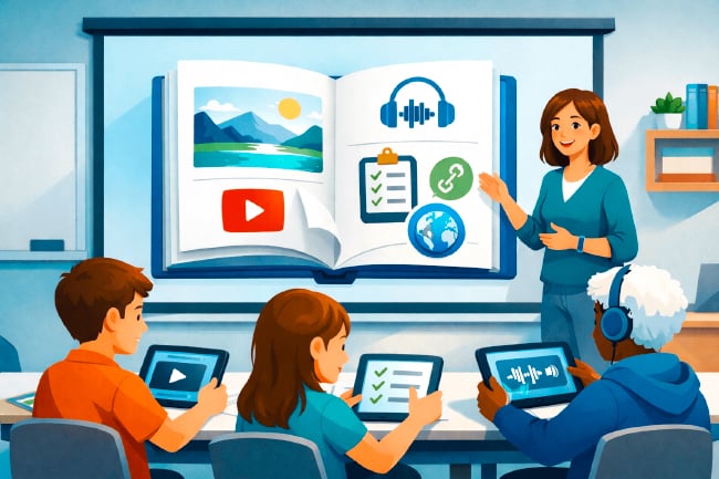 Teacher presents an interactive digital flipbook on a classroom screen while students follow on tablets with video, audio, quiz, and link icons.