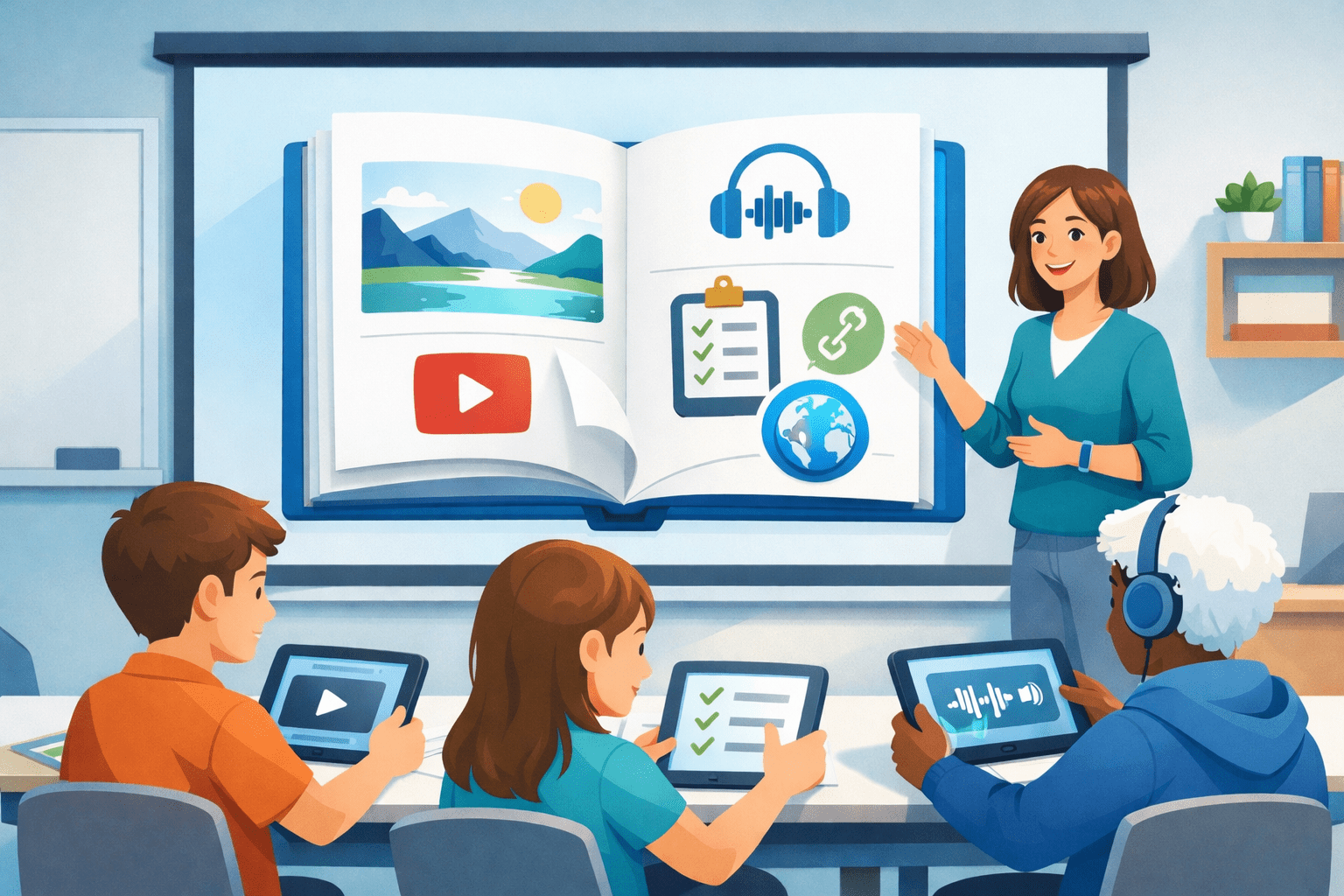 Teacher presents an interactive digital flipbook on a classroom screen while students follow on tablets with video, audio, quiz, and link icons. Teacher presents an interactive digital flipbook on a classroom screen while students follow on tablets with video, audio, quiz, and link icons.