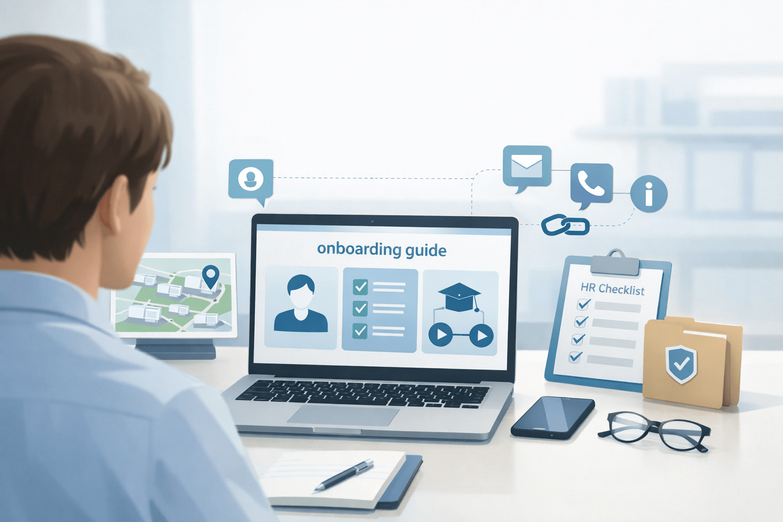 New staff member viewing a digital onboarding guide on a laptop in a clean office workspace, with neat icons and documents suggesting maps, HR resources, and internal communication. New staff member viewing a digital onboarding guide on a laptop in a clean office workspace, with neat icons and documents suggesting maps, HR resources, and internal communication.