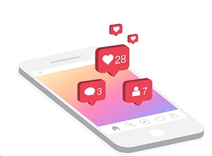 Social media on an app, displaying likes, follows and comments