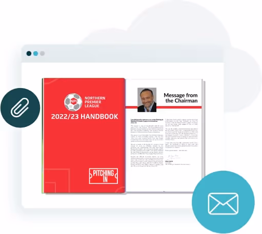 Magazine digital ouvert dans une fenêtre web avec icônes de pièce jointe et d’email.