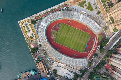 Aerial view of a sports stadium showing the field and surrounding areas.