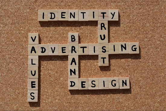 Crossword puzzle representing Identity, Values, Brand, Trust, Design and Advertising.