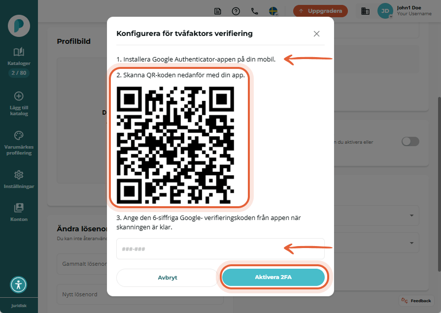 Popupfönster med QR-kod och instruktioner för att konfigurera tvåfaktorsautentisering