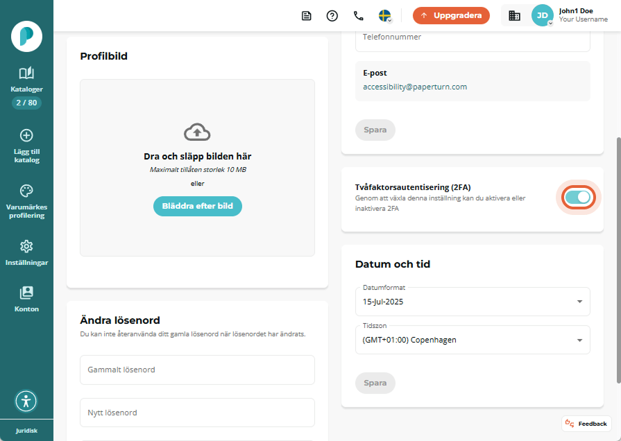2FA-reglaget aktiverat i panelen Personliga inställningar