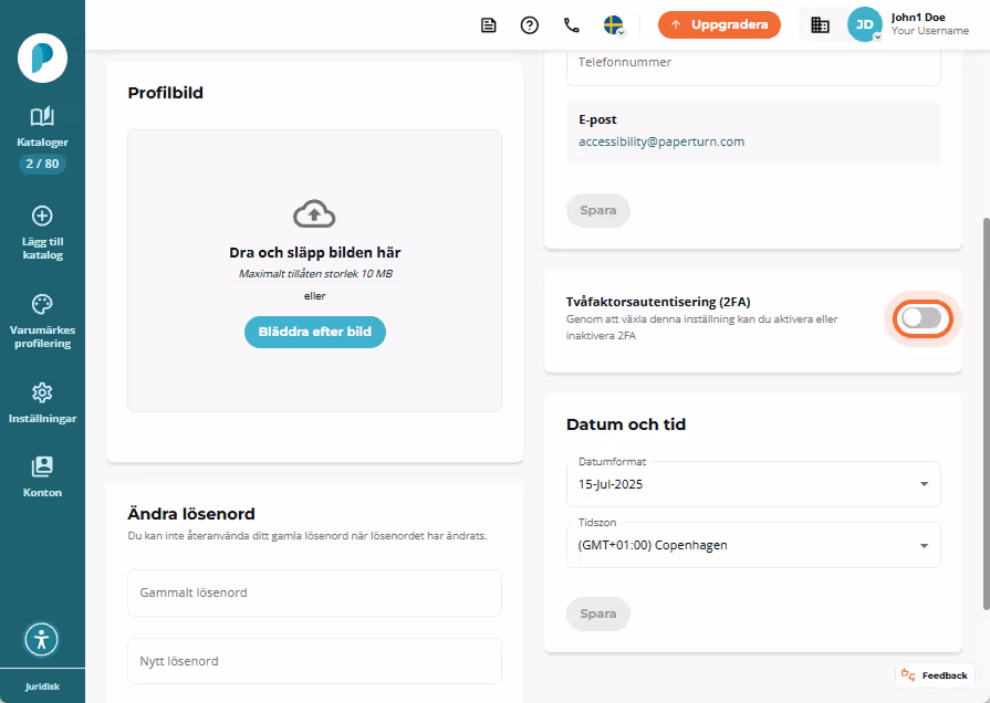 2FA-reglaget inaktiverat i panelen Personliga inställningar 2FA-reglaget inaktiverat i panelen Personliga inställningar