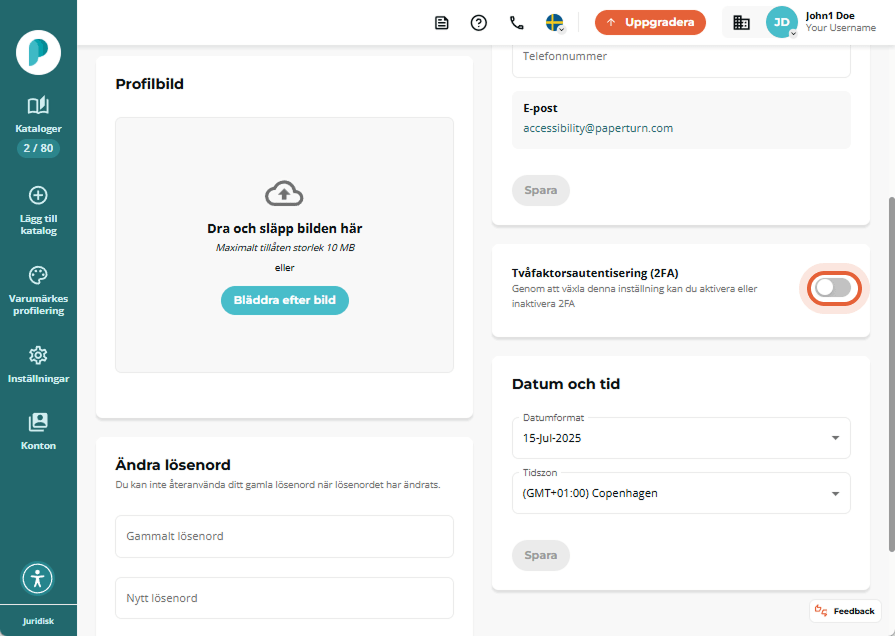 2FA-reglaget inaktiverat i panelen Personliga inställningar