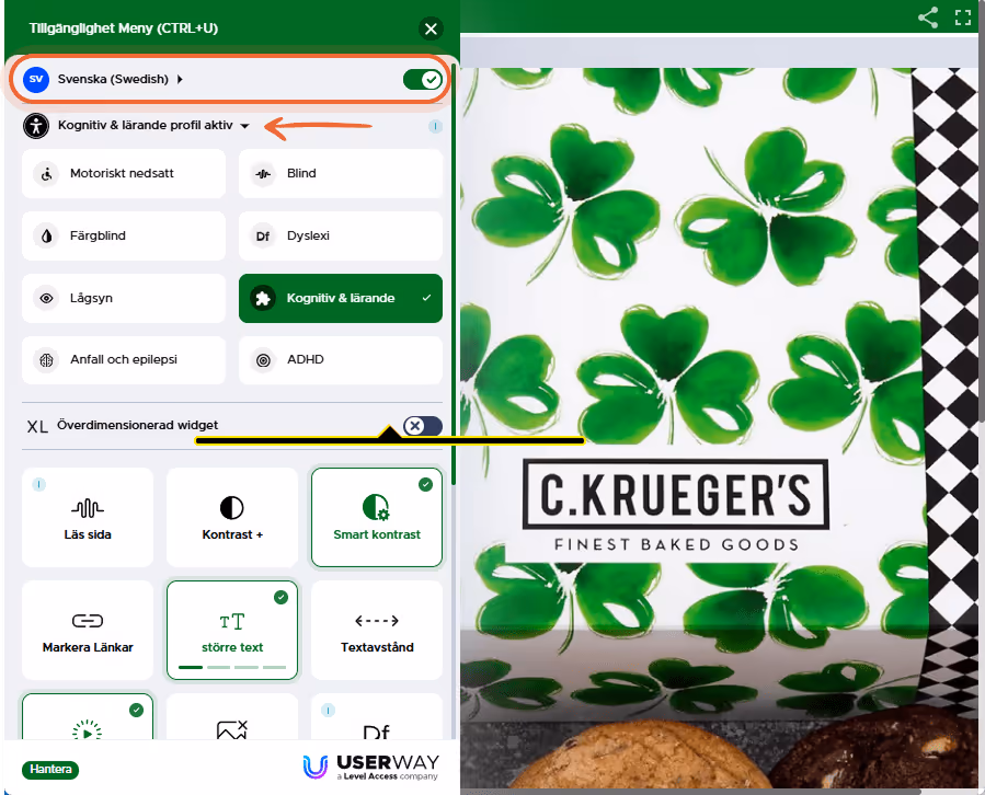 Tillgänglighetsmenyn är öppen i flipbook och visar alternativ som skärmläsare, kontrast, dyslexivänl