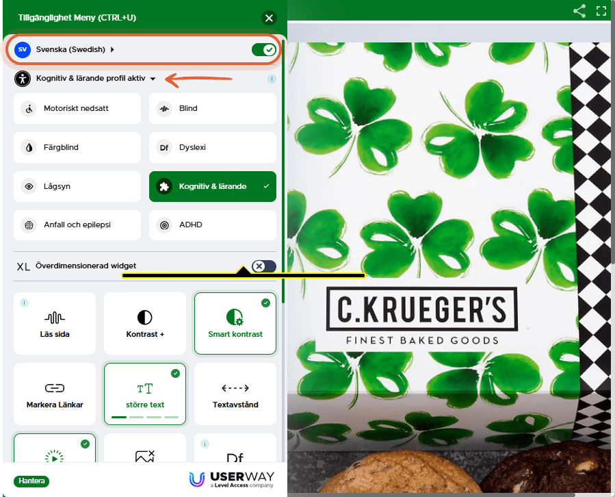 Tillgänglighetsmenyn är öppen i flipbook och visar alternativ som skärmläsare, kontrast, dyslexivänl
