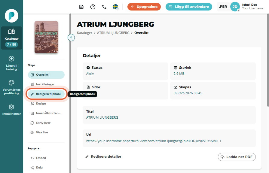 Paperturn-dashboard med den markerade knappen Redigera flipbook Paperturn-dashboard med den markerade knappen Redigera flipbook