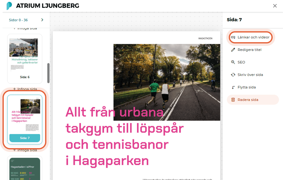 Redigeraren med markerad sida och knappen Länkar och videor Redigeraren med markerad sida och knappen Länkar och videor