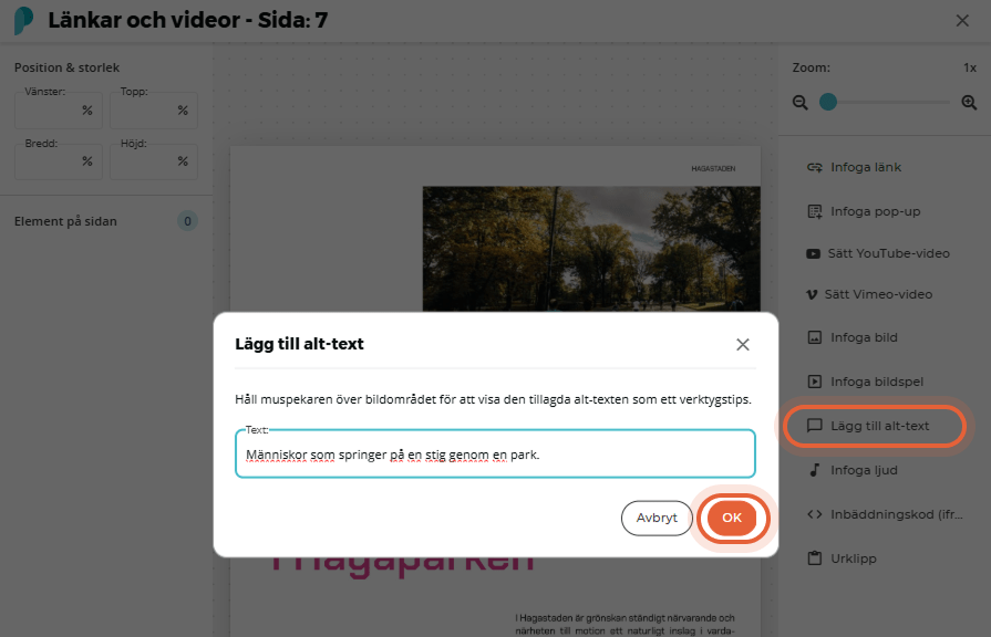 Markerad knapp Lägg till alt-text med ett exempel på popup-fönstret och den markerade OK-knappen Markerad knapp Lägg till alt-text med ett exempel på popup-fönstret och den markerade OK-knappen