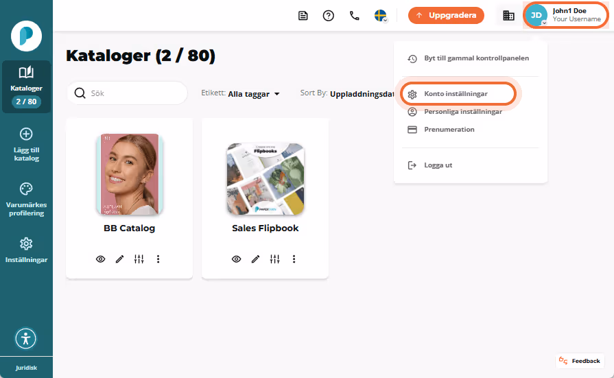 Flipbooks-instrumentpanel med användaravatarens rullgardinsmeny öppen och alternativet ”Kontoinställ