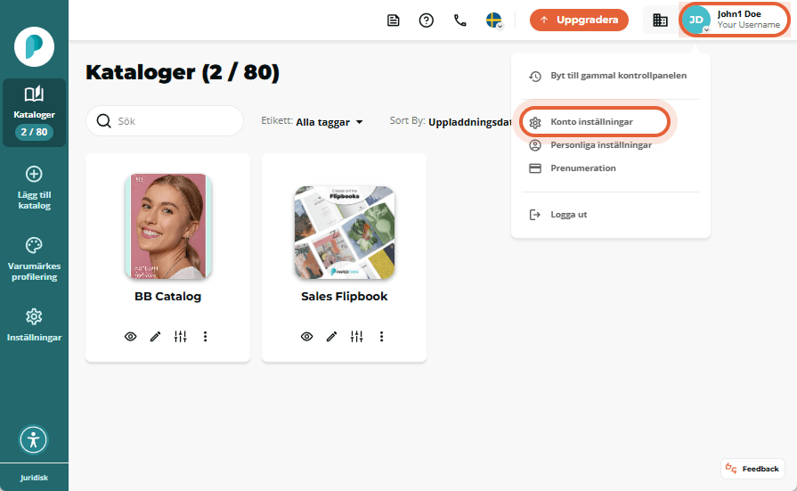 Flipbooks-instrumentpanel med användaravatarens rullgardinsmeny öppen och alternativet ”Kontoinställ