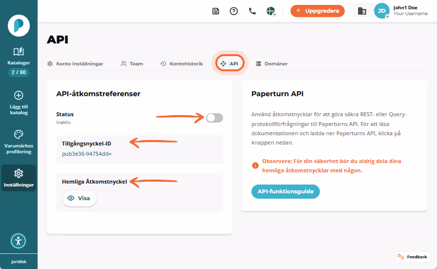 API-inställningssida som visar ett inaktivt statusreglage samt fälten ”Access key ID” och dold ”Secr
