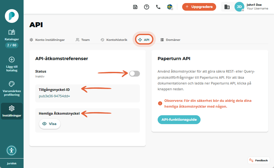 API-inställningssida som visar ett inaktivt statusreglage samt fälten ”Access key ID” och dold ”Secr