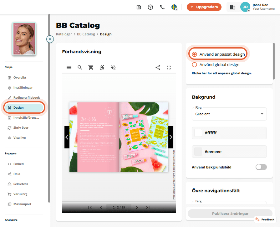 Designvy av “BB Catalog” med vänstra Design-fliken aktiv och radioknappen “Använd anpassad design” v
