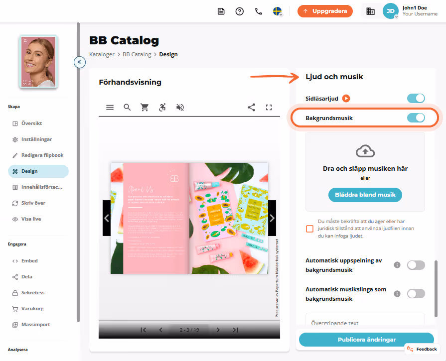Panelen Ljud och musik i Design-inställningarna där reglaget “Bakgrundsmusik” är påslaget. Panelen Ljud och musik i Design-inställningarna där reglaget “Bakgrundsmusik” är påslaget.