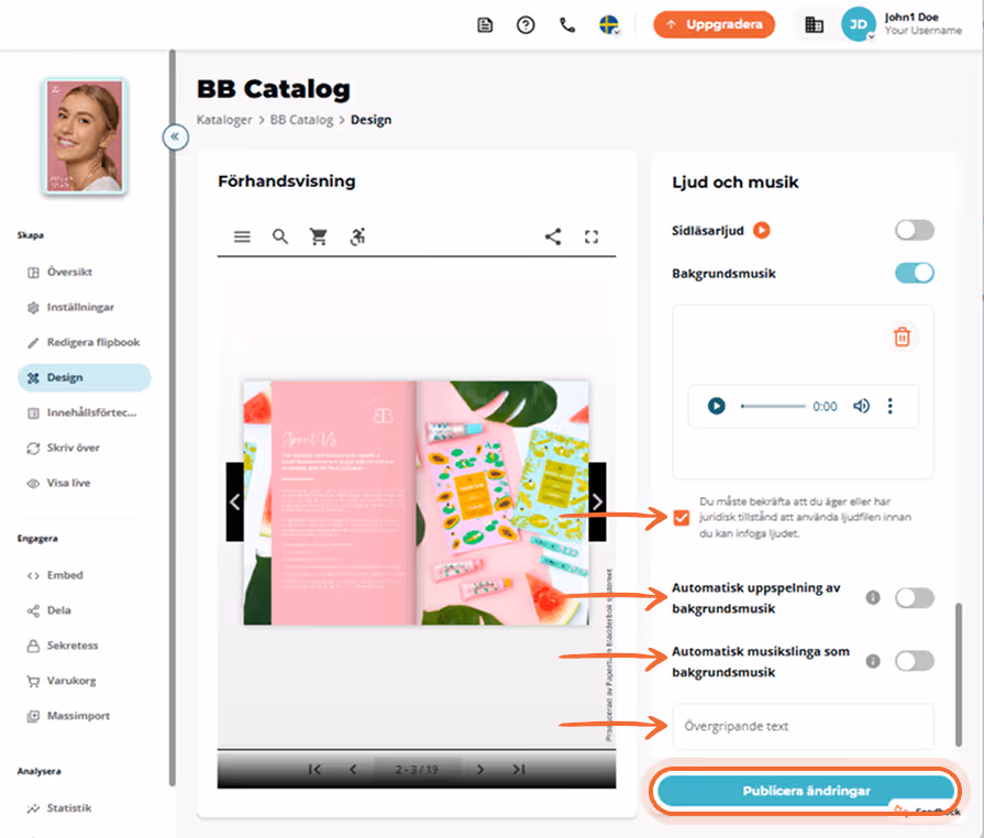 Bakgrundsmusikfil uppladdad, kryssrutan för tillstånd markerad och knappen “Publicera ändringar” mar Bakgrundsmusikfil uppladdad, kryssrutan för tillstånd markerad och knappen “Publicera ändringar” mar