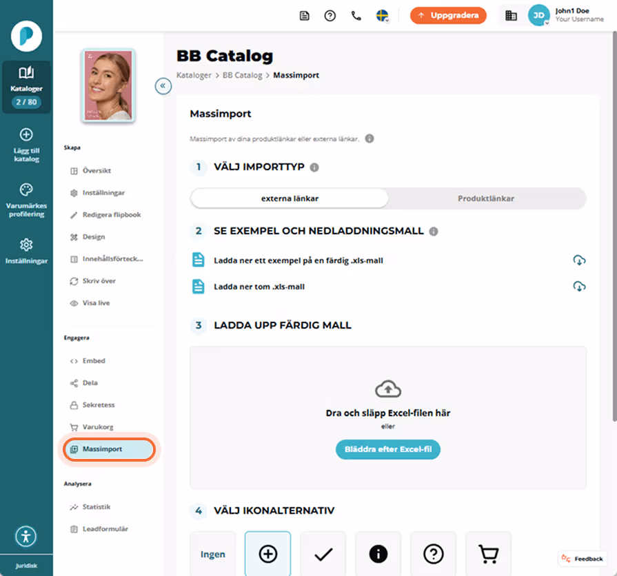 BB Catalogs panel för Massimport är öppen; menyalternativet ”Bulk import” i vänsterspalten är marker