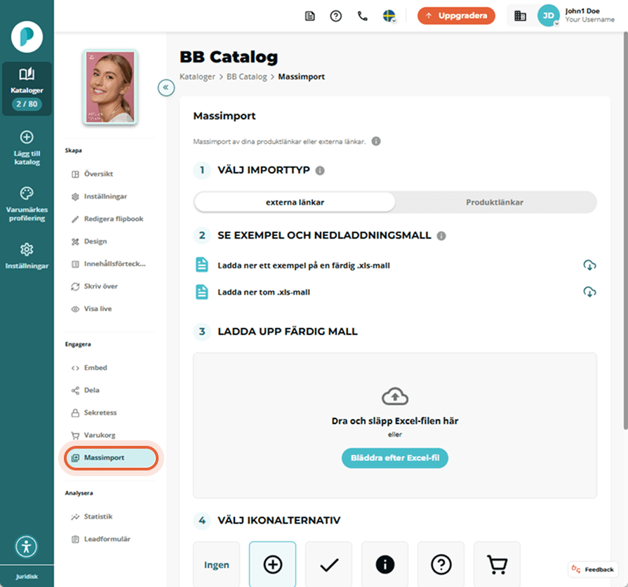 BB Catalogs panel för Massimport är öppen; menyalternativet ”Bulk import” i vänsterspalten är marker