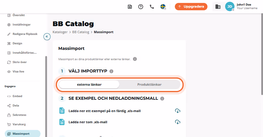 Massimport steg 1 visar växlingsfältet ”External links” kontra ”Product links” markerat.