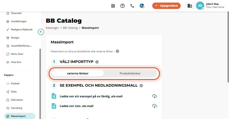 Massimport steg 1 visar växlingsfältet ”External links” kontra ”Product links” markerat. Massimport steg 1 visar växlingsfältet ”External links” kontra ”Product links” markerat.