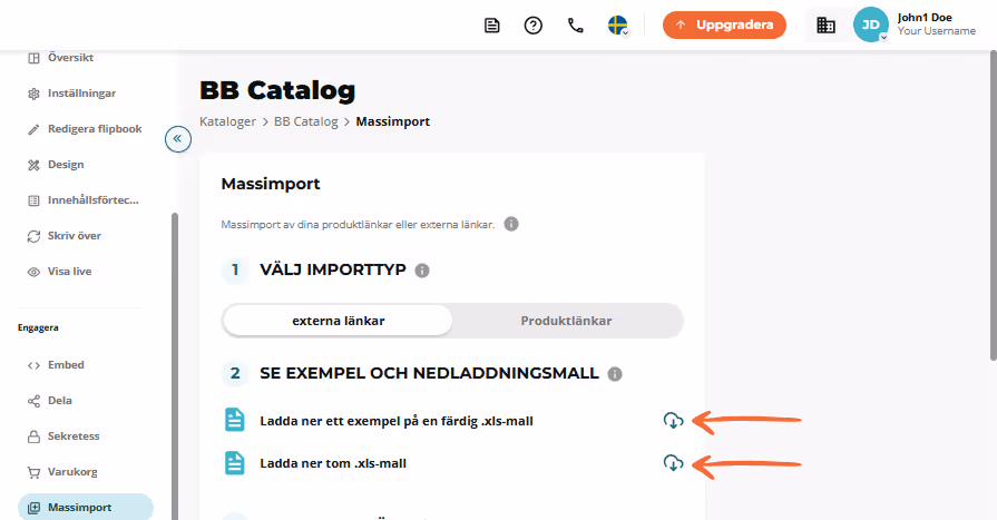Massimport steg 2 markerar ikoner för nedladdning av exempel- och tomma .xls-mallar.